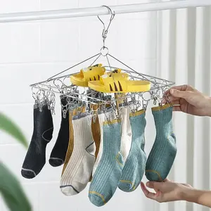 Durable Stainless Steel Clothes Hanger with 30 Windproof Clips, Space-Saving Design for Socks, Underwear & Christmas Stockings