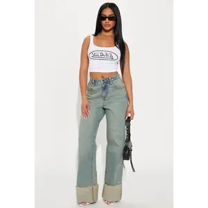 All The While Cuffed Wide Leg Jeans - Vintage Wash