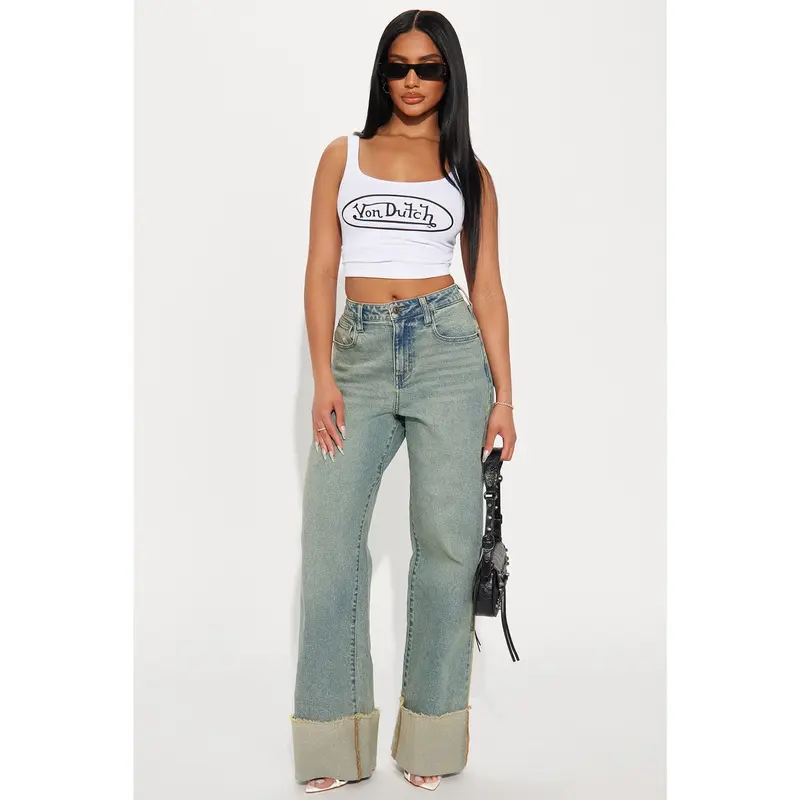 All The While Cuffed Wide Leg Jeans - Vintage Wash