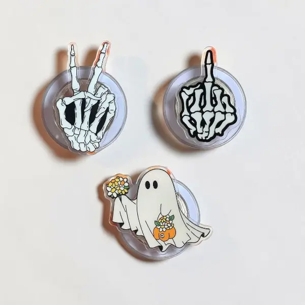 Funny Skeleton Middle Finger MagSafe Phone Grip, Spooky Ghost Pumpkin Flower Phone Holder Stand, Gothic Halloween Kindle Grip Gift