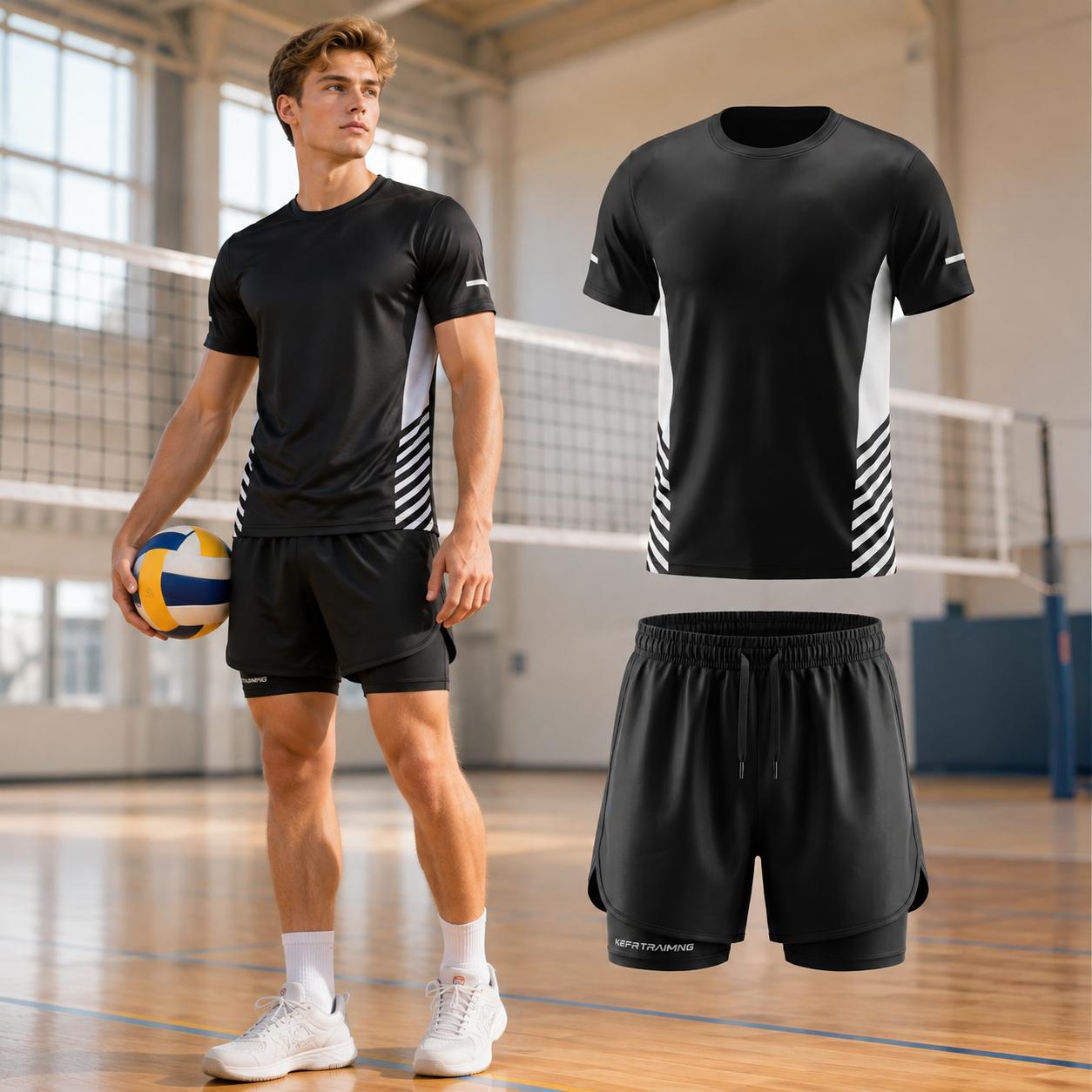 Men's 2-Piece Polyester Plain Workout Set - Quick Dry Gym T-Shirt, 2-in-1 Athletic Shorts with Liner & Phone Pocket for Running, Training
