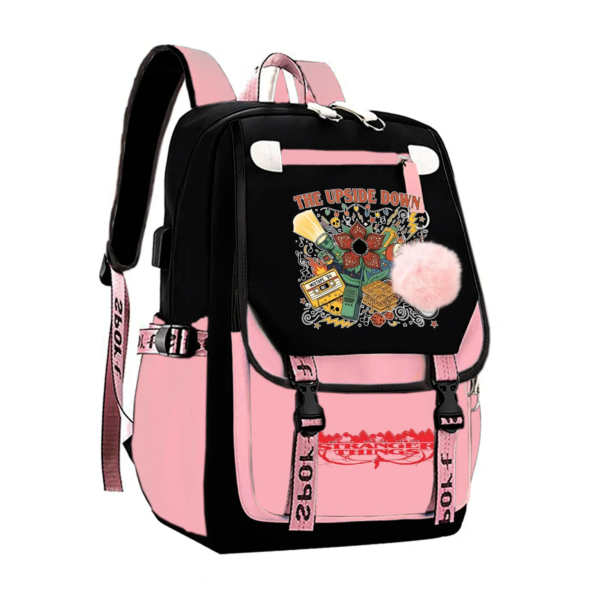 Stranger Things Graphic Backpack for Girls, Y2K Pink and Black School Bookbag with Keychain, Waterproof Travel Laptop Bag for Teens College d-67