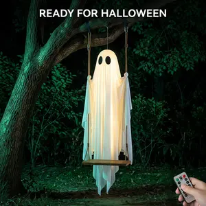 LED Hanging Ghost Decoration with Remote Control Lights, 5FT White Hanging Ornament for Tree, Porch, Garden, Yard, Patio, Party Decoration