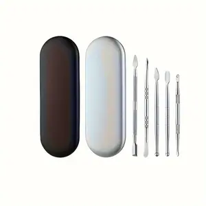6pcs/set, Multifunction Spoon Kit With Silicone Case/Jar, Carving Tool, Claycutters, Manicure Kit, Ear Wax Removal Tool Kit, Stainless Steel Double Size Carving Clay Tools Kit For Pipes, Wood, Wax, Jewelry, Pottery, Soap