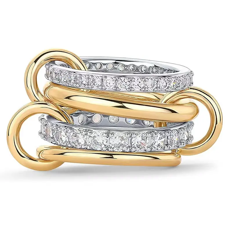 WSY Jewelry I14K Gold Plated Interlocking Stackable Women’s Ring – Showcase Individuality with Multiple Rings Mixed and Layered on Metal – Cylindrical Zirconia Dual-Color Stackable Jewelry