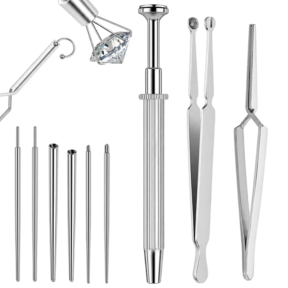 9Pcs Piercing Ball Grabber Tool for Changing Jewelry, Stianless Steel Flat Back Earring Applicator Internally Threaded Push Pin Piercing Grabber Tool