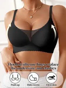 Women's Wireless Jelly Bra Underwear, Everyday Deep V Lace Back Closure Buckle, Comfortable Gathered Design, Fit, Sporty Style, All Seasons Wear, Medium, Invisible Bralette