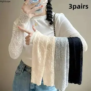 3 Pairs Women’s Lace Fingerless Gloves – Elbow-Length Sun Protection Gloves, Lightweight & Breathable for Outdoor & Daily Wear