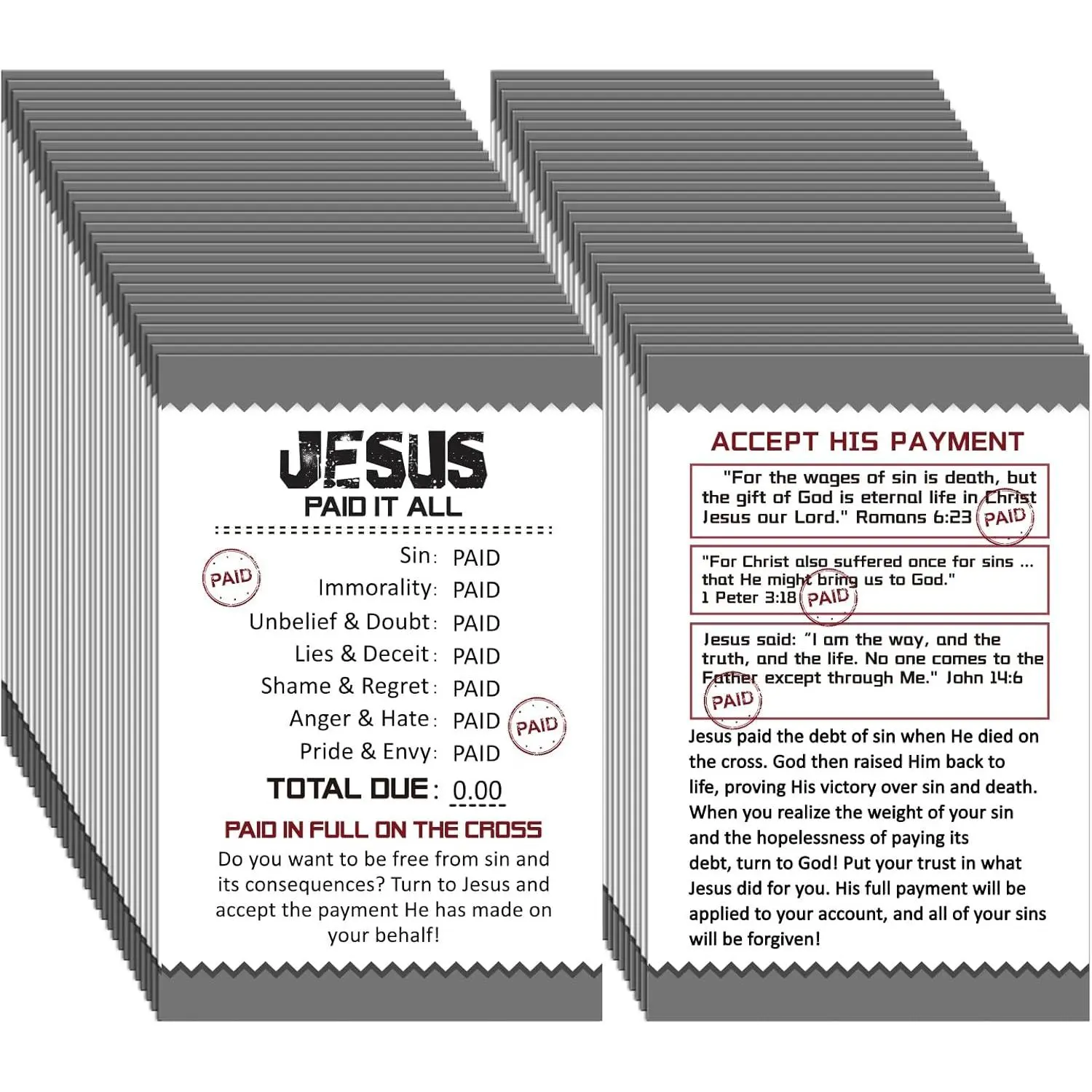 200 count Gospel Tract Card Salvation Cards Pocket Holy Postcard Prayer Postcards Christian Inspirational  Verses Bookmark for Christian ( Paid It All)