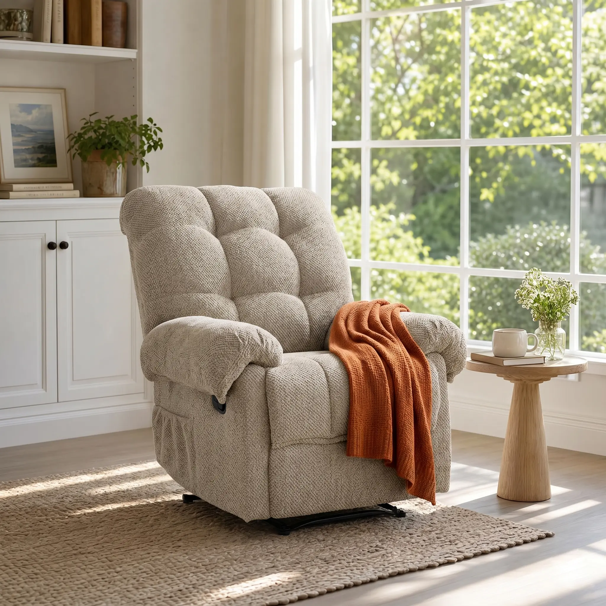 Overstuffed Recliner Chair for Living Room, Ergonomic Lounge Seating with Padded Footrest, Soft Fabric Manual Reclining Couch for Home Theater, Reading, and Napping, Camel