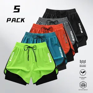 Men’s summer 5-pack 2-in-1 athletic shorts with drawstring elastic waistband, suitable for fitness, running, and basketball training