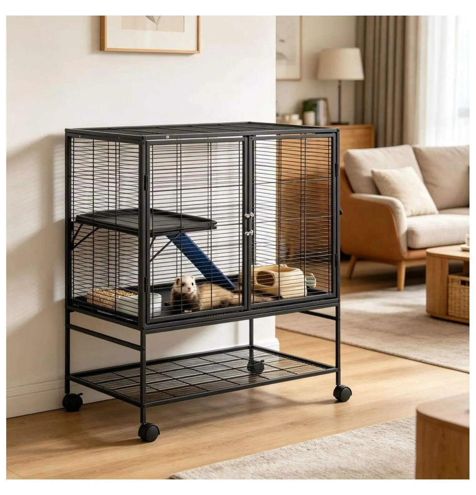 Metal Small Pet Cage for Hedgehogs, Chinchillas & More - 36.2"L x 22.8"W x 39.4"H, Mesh Design, Ramp Access, Dual-Layer Door with Secure Lock, Convenient Storage Space, Easy Cleanup, Animal Cage