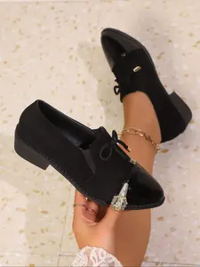 Women's Retro British Style Pointed Toe Mid Heel Loafers, Spring & Fall Casual Work Shoes, Large Size Mommy Shoes, Patchwork Design