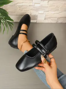 Women's Fashion Square Toe Mary Jane Flats, Dual Color Options, Buckle Design, Soft PU Leather Rubber, Retro Style, Spring & Fall, Footwear, Buckle Shoes