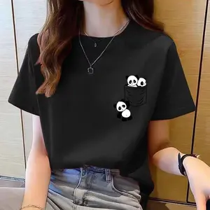 Women Short Sleeve Top Summer New Pocket Panda Cartoon Printed T-shirt Korean Fashion Women Tops Loose Round Neck T Shirt Women Casual Crewneck Womenswear Tshirt