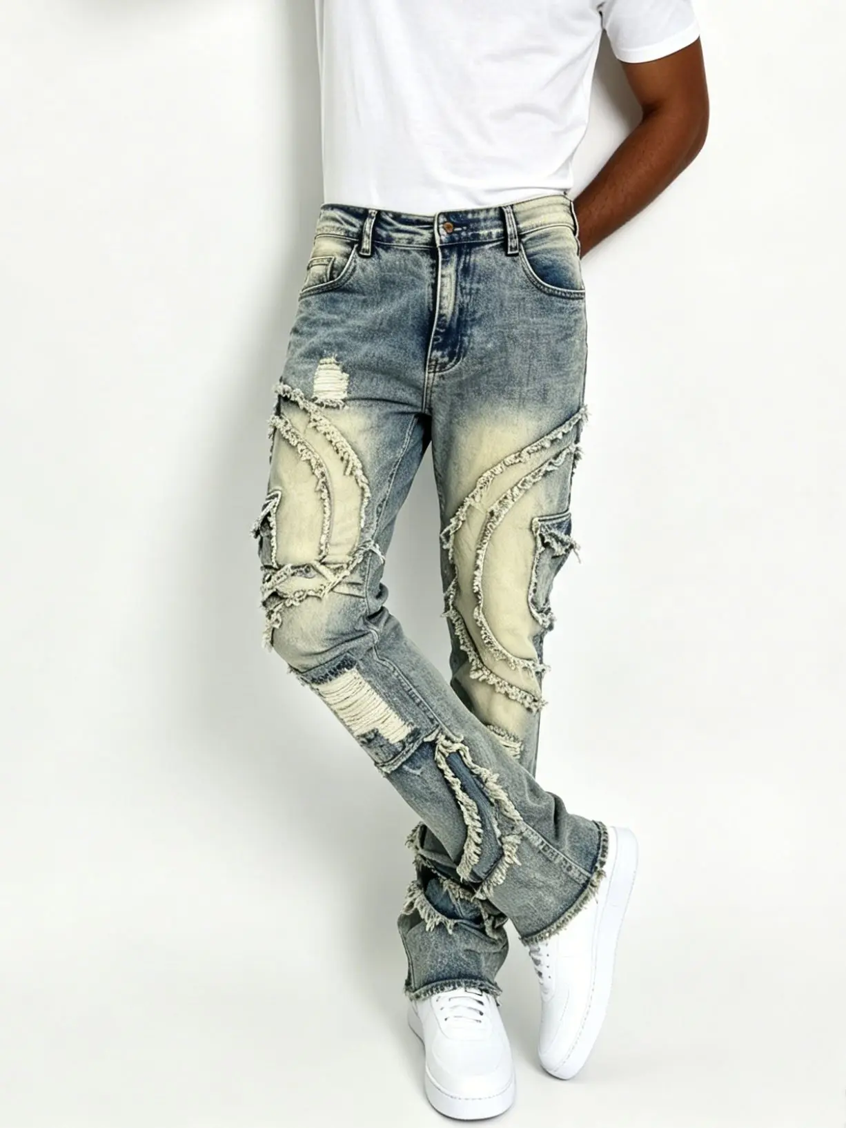 Men's Heavy Wash Stacked Denim Joggers - Distressed Ripped, Frayed Panels Design - Men's Sports Outdoor Bottoms