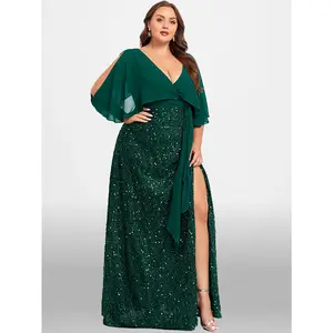 Elegant Cape Sleeves Maxi Dress in Dark Green - Sequin Detail, V-Neck, Plus Size, Slight Stretch Polyester, A-Line Silhouette for Weddings & Special Events