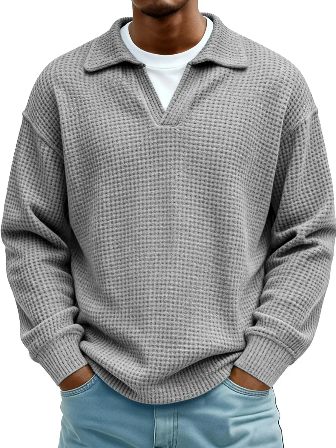 Men’s Long-Sleeve Waffle-Knit Polo Shirt - Stylish Casual, Soft Plain, Turn-Down Collar, Half-Button V-Neck, Breathable Textured Knit Top for Autumn-Winter Menswear (Beige), Plain Polo Shirts, Polyester, Men’s Clothes