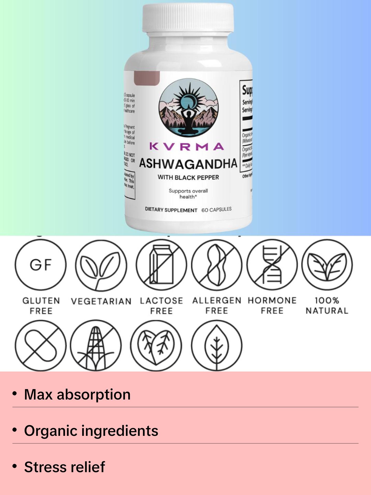 Kvrma Ashwagandha & Black Pepper for Max absorption - 100% Organic, Vegan, Plant based, Allergen free, Gluten Free. Your Favorite Ashwagandha Brand