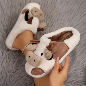 Cute plush womens slippers, cartoon plush warm cow slippers, fun for girls, novel soft cotton slippers, womens winter home shoes, suitable for indoor bedroom dormitories