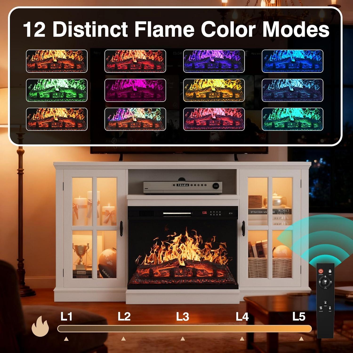 FURMAX Glass Fireplace TV Stand for Televisions up to 65", Media Entertainment Center Console Table with Led Lights