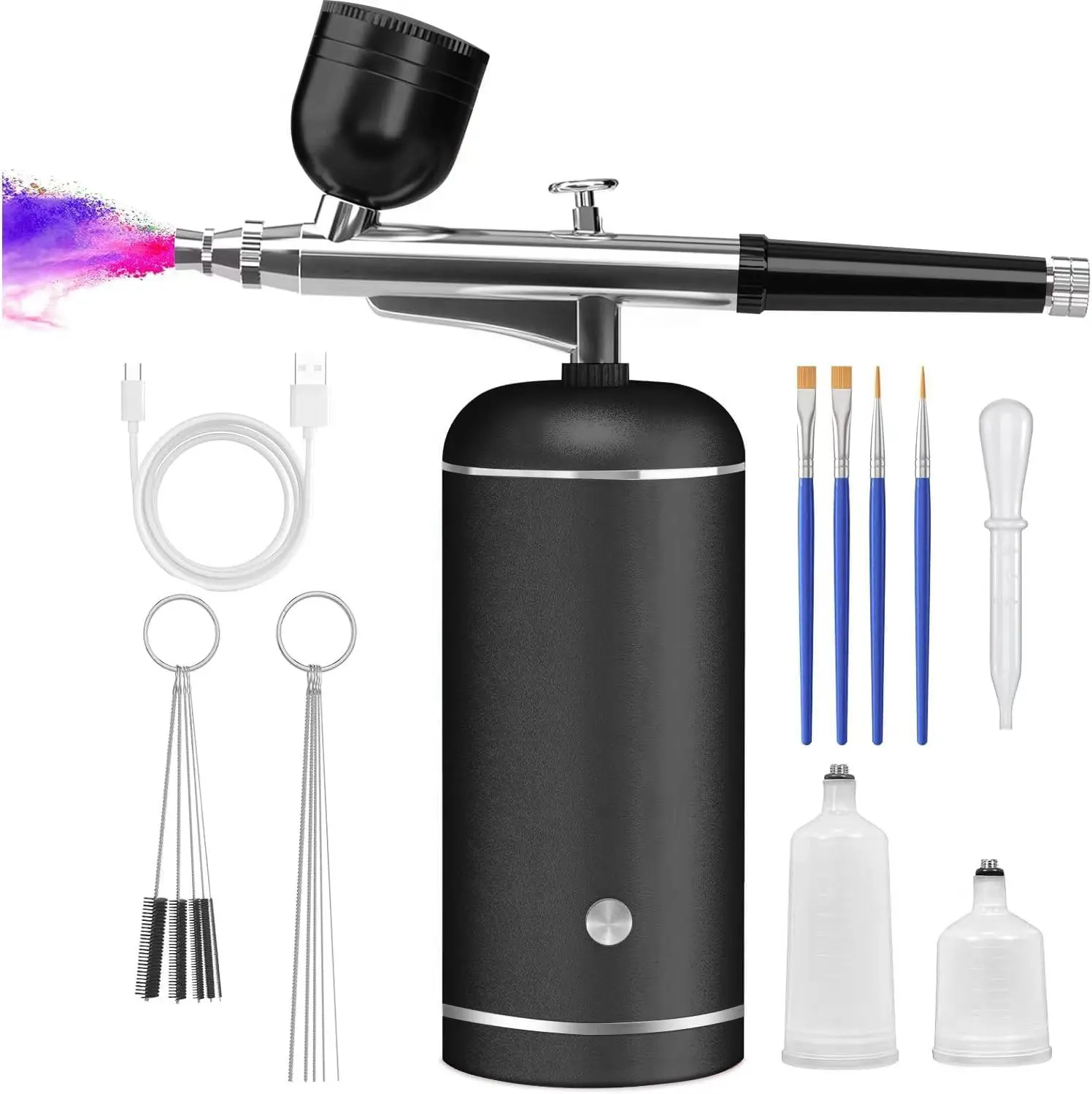 Handheld Wireless Aluminium Adjustable Airbrush Kit with Compressor - 48PSI High-Pressure, 23PSI Option, 10cc Dropper, Rechargeable Cordless Batteries, USB Charging, 0.3mm Non-Clogging Nozzle, Cleaning Brush, Waterproof Airbrush Set for Nail Art, Painting