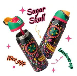 Owala Sugar Skull Nightlight 32 oz Stainless Steel Water Bottle. - Equipped with a straw, suitable for sports, outdoor activities, travel and student sports water bottles.
