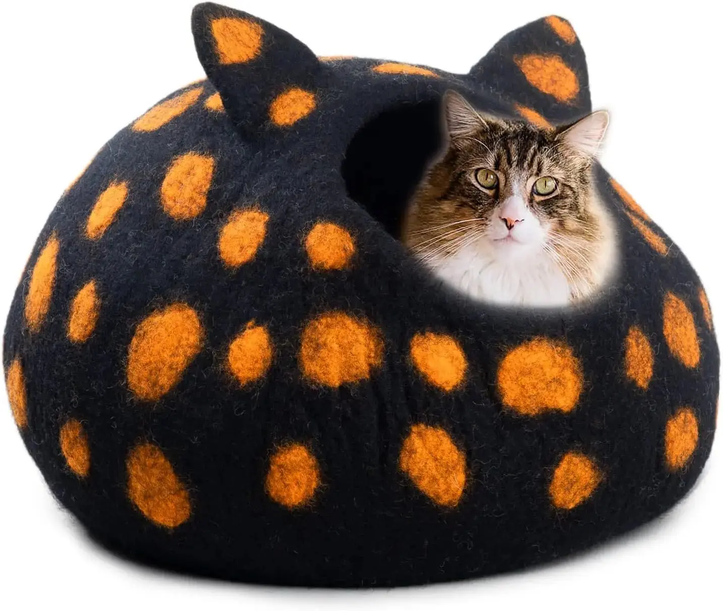 Woolygon Wool Cat Cave Bed - Handcrafted 100% Merino Wool, Eco-Friendly Felt Cat Cave for Indoor Cats and Kittens (Tabby Ears)