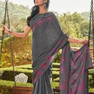 INDIAN DESIGNER COTTON WITH PRINT WORK SAREE WITH UNSTITCHED BLOUSE GREY