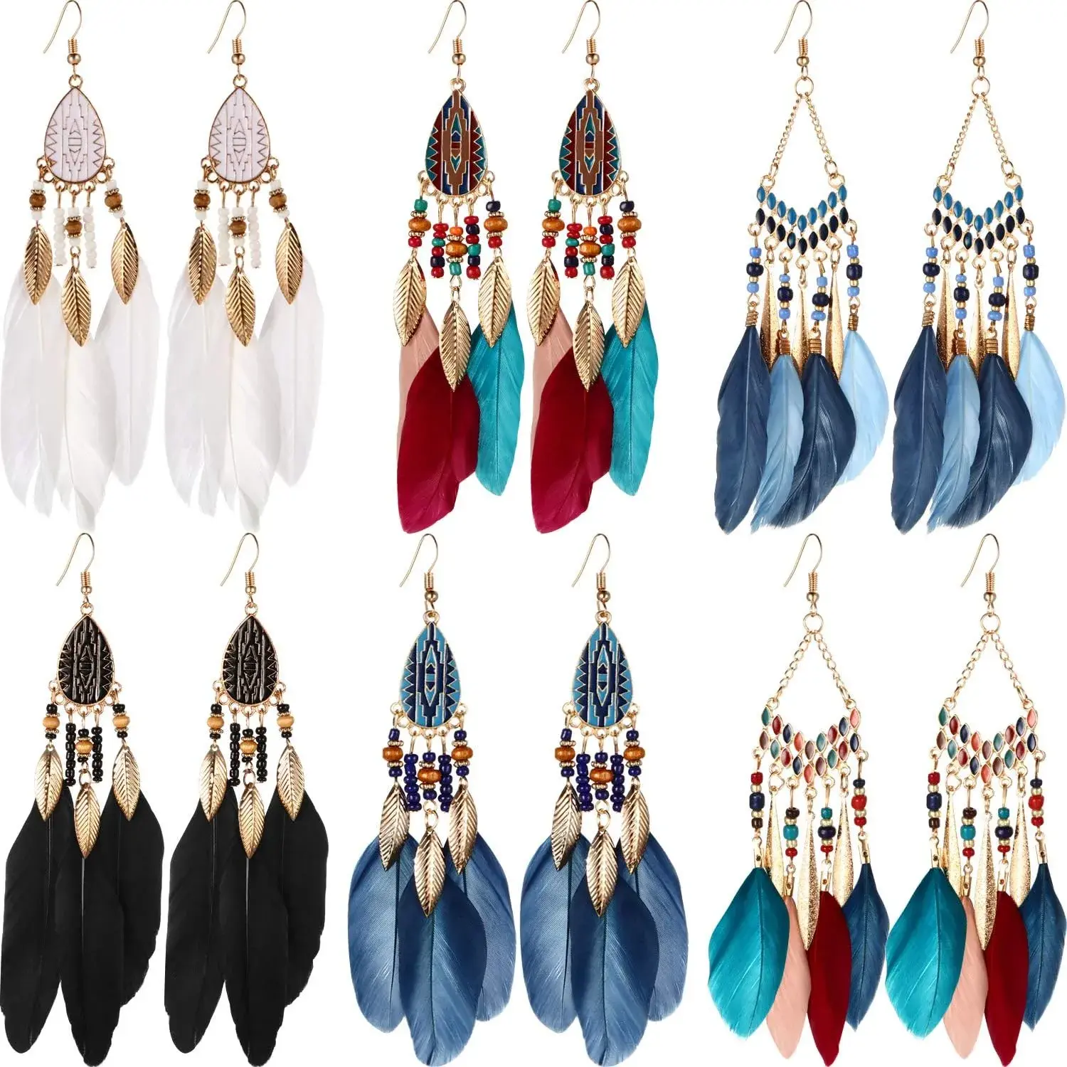 Bohemian Earrings Set for Women, 6-Pair Colorful Faux Feather Tassel & Dream Catcher Long Drop Statement Dangle Earrings, Statement Earrings, Colorful Earring Stack