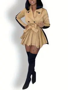 Women's Colorblock Double Button Plicated Belted Blazer Dress, Elegant Lapel Neck Long Sleeve Short Dress for Fall & Winter, Women's Clothing for Daily Wear