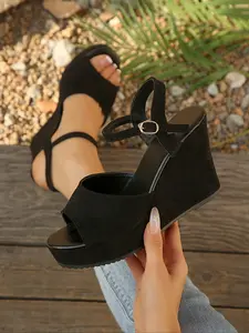 Women's High-Heeled Platform Sandals Fashion Velvet Cross Buckle Thick Sole Waterproof Outdoor Slip-On Shoes