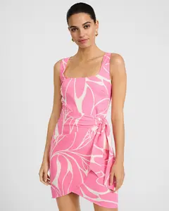 Express Linen-Blend Printed Square Neck Wrap Mini Sheath Dress