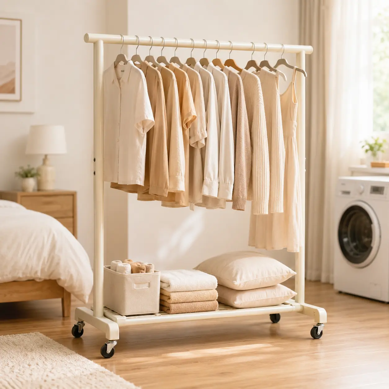 Single Rod Garment Rack, Freestanding Clothes Rack with Wheels, Heavy Duty Rolling Clothing Rack for Bedroom, Laundry Room and Closet