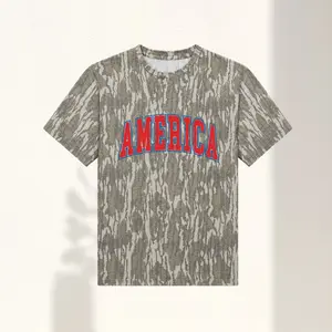 America Camo Graphic T-Shirt, Patriotic Red Blue Letter Tee, Vintage Outdoor Short Sleeve Shirt