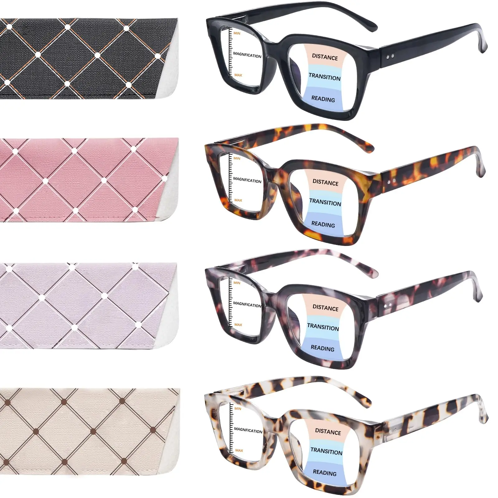4 Pack Progressive Multifocus Reading Glasses For Women Oprah Style Blue Light Blocking Computer Readers