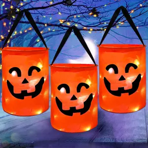3 Pcs LED Light Halloween Candy Bags for Kids Light Up Multipurpose Halloween Trick or Treat Bucket with Pumpkin Smile Face for Halloween Party Favors Goodie Bags,Orange