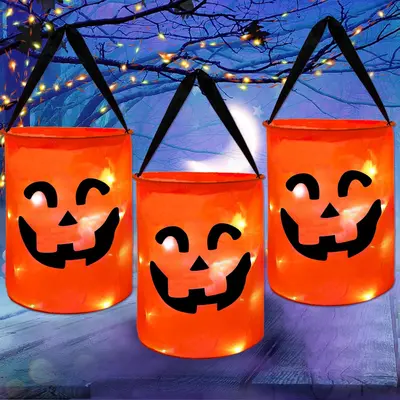 Halloween Trick Or Treat Bucket LED Light Pumpkin Candy Bags Collapsible Halloween Basket For Party Gift Halloween Candy Bags