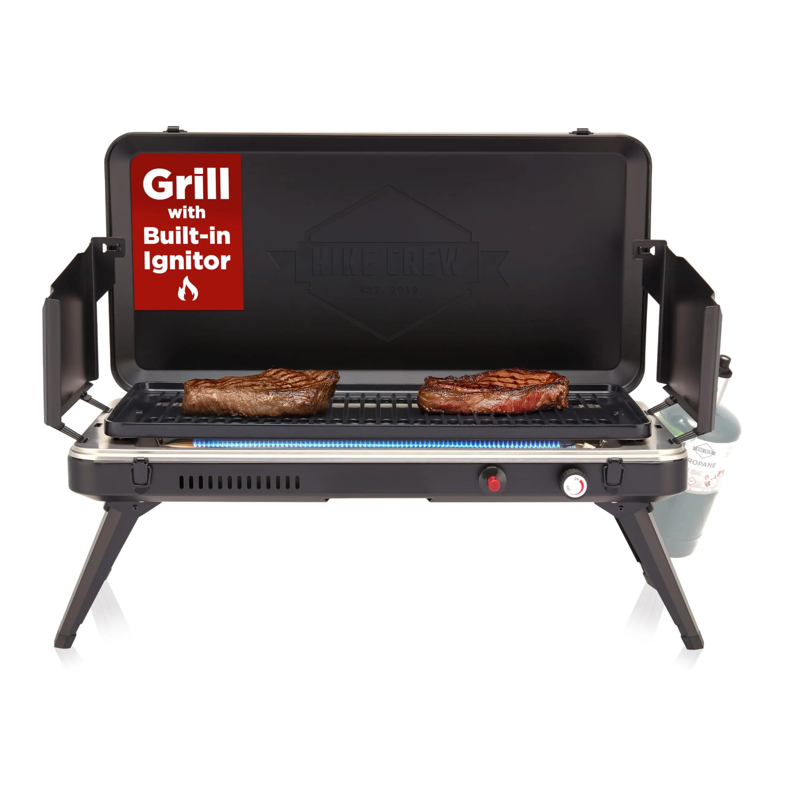 Hike Crew Gas Camping Grill | 13,000 BTU | Portable Propane Burner | Foldable Legs | Integrated Igniter & Included Regulator w/ Stainless Steel Drip Tray | Wind Panels & Built-in Carrying Handle