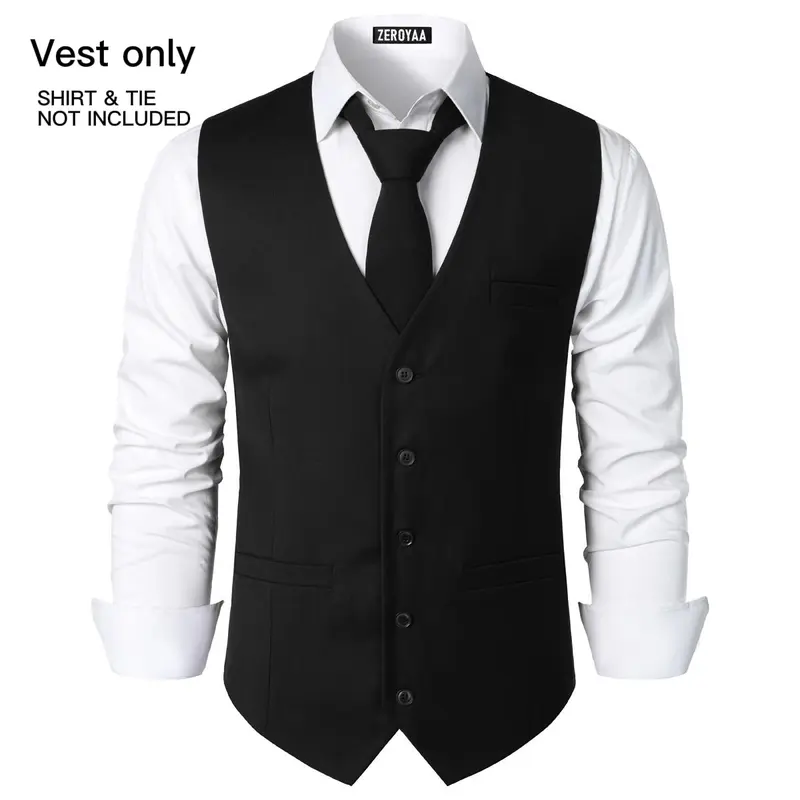 ZEROYAA Men's Sleeveless Button Waistcoat - Hipster Urban Design, 3 Pockets, Classic Fit, Plain Solid Color Business Attire for Wedding, Graduation, Gift