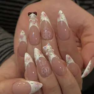 jasonj.nail Cute Cat Floral French Press-On Nails, 3D Kitty Charm with Soft Pink Flower Detail, Glossy Nude Base, Sweet Feminine Aesthetic, Everyday Cute Nail Art, Custom Handmade Set