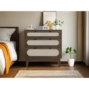 Modern Rattan 3-Drawer Dresser for Bedroom – Narrow Bedside Table with Storage – Stylish Accent Cabinet for Small Spaces, Living Room, or Farmhouse Boho Decor – Light Oak