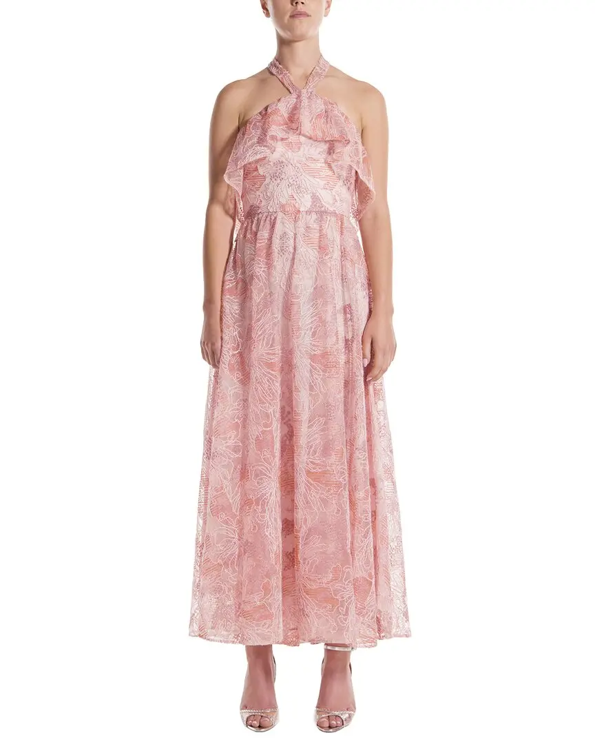 Monique Lhuillier Halter Ruffle Front Silk-Lined Cocktail Dress
