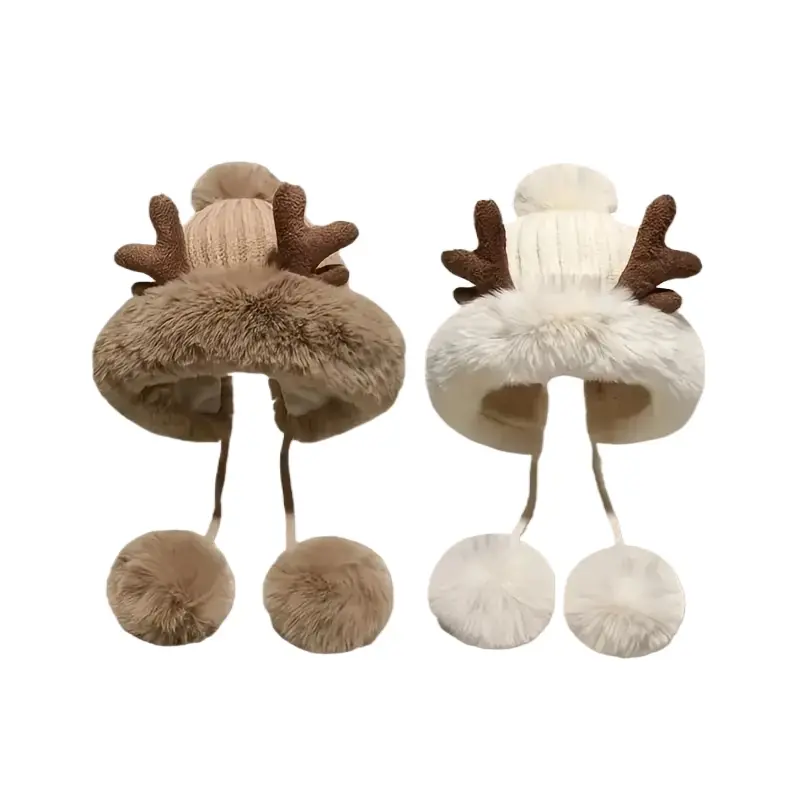 Women's 2026 New Winter Soft Thick Wool Knitted Beanie - Korean Cute Style, Plush Antler Pom-Pom Design, Ear Protection Sports & Outdoor Hat, Pom-Pom Ball
