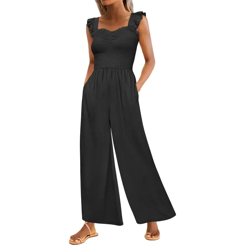 Jumpsuits for Women Summer Dressy Casual Smocked Sleeveless Wide Leg One  Piece Romper Jumpers 2026 Vacation Outfits - TikTok Shop