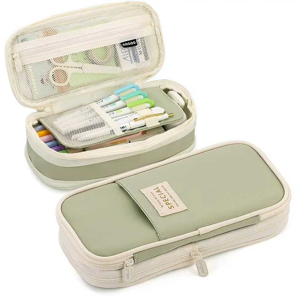 Expandable Pencil Case with Compartments, Large Capacity Pencil Case for Adults, Portable School Stationery Organizer, Green