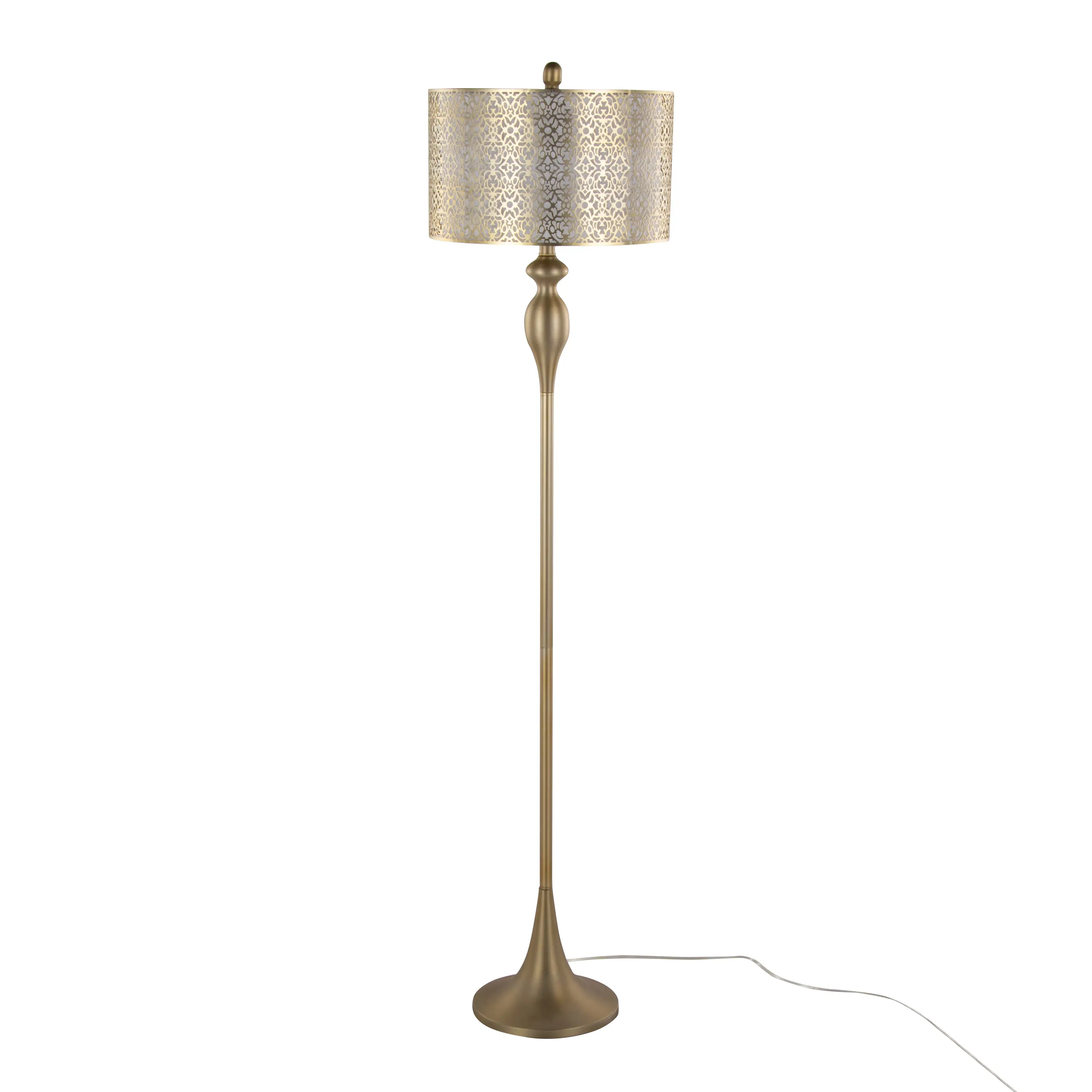 Gold Metal Floor Lamp with Laser-Cut Details and Off-White Linen Shade, 63" Tall Contemporary Design