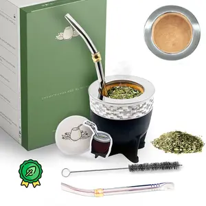 Argentina-Uruguay Yerba  Cup and Bombilla Set,  Gourd  Mug with Steel Straw (Bombilla) and Cleaning Brush, Handcrafted for Loose Leaf Yerba   - Imperial Version