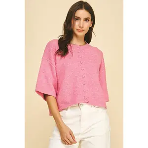 Caitlin Button Down Short Sleeve Sweater in Pink