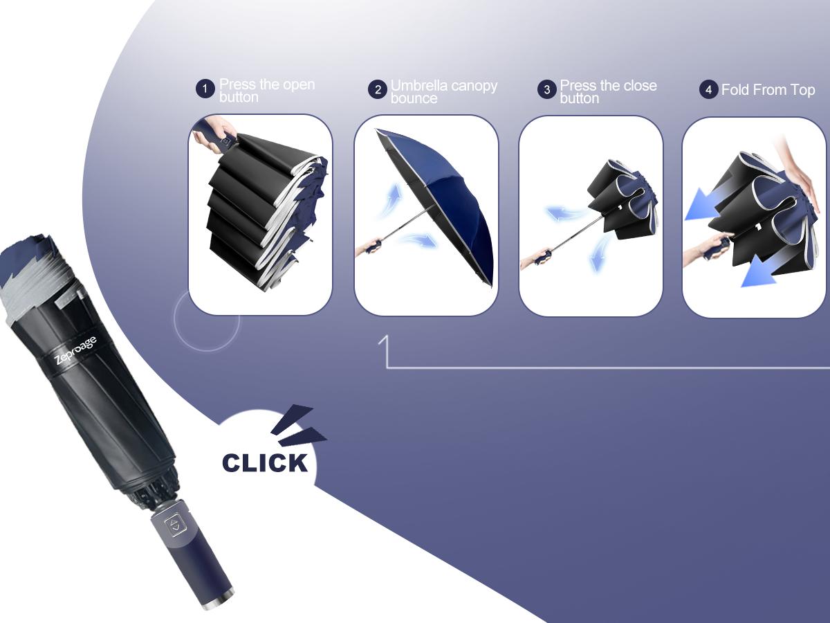 Zeproage UPF 50+ UV Protection Inverted Umbrella, Windproof, Automatic Open & Close, Folding Canopy with Reflective Stripe, Durable 10 Ribs, Portable for Travel, for Rain and Sun